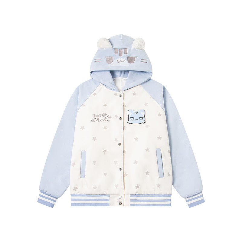 Velcro Cat Hoodie Quilted Trendy Baseball Jacket