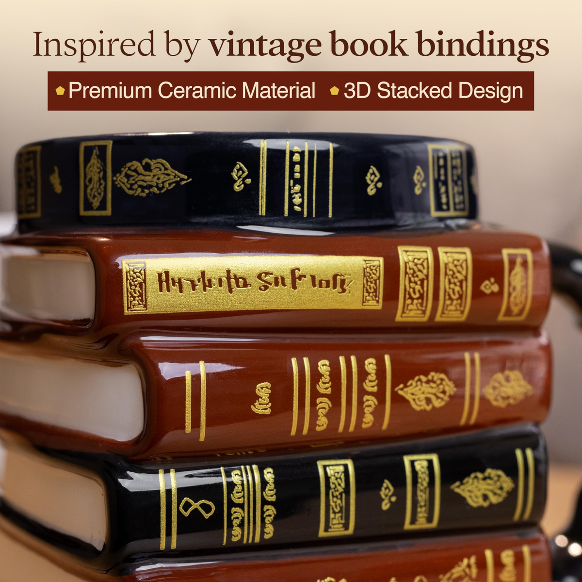 3D Book Mug – Stacked Books Coffee Mug, Unique Book Lover Gift for Readers, Librarians & Book Club – 14 oz Ceramic Tea Cup – Free Gift Card Included