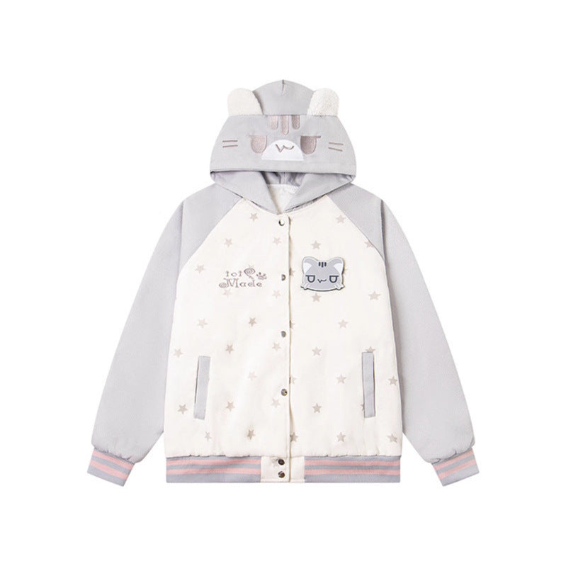 Velcro Cat Hoodie Quilted Trendy Baseball Jacket