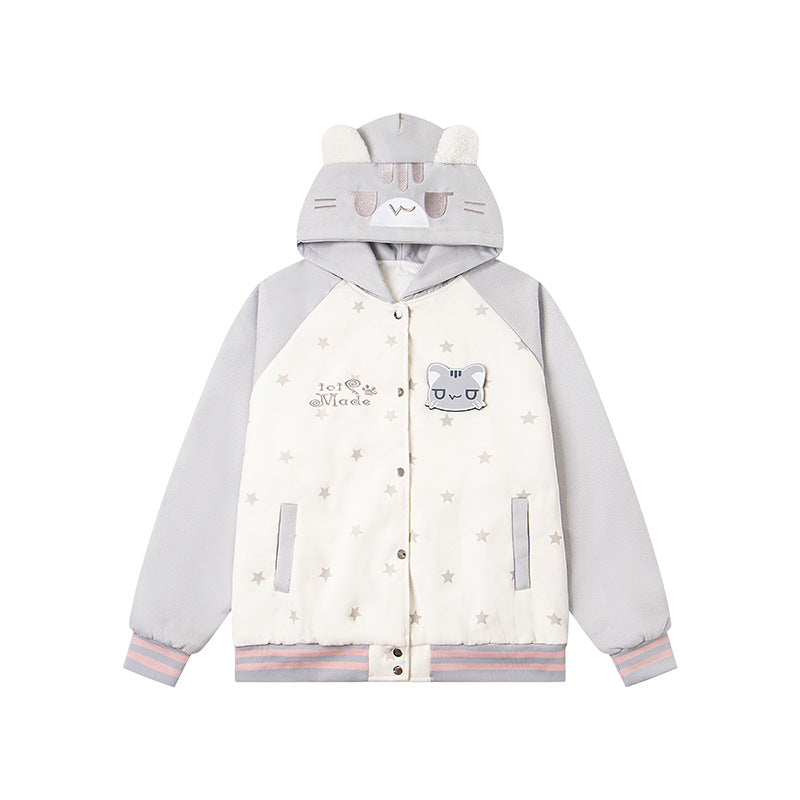 Velcro Cat Hoodie Quilted Trendy Baseball Jacket