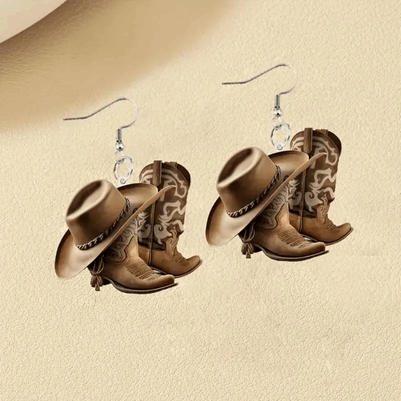 Cowboy Hat & Boots Dangle Western Earrings - Lightweight Acrylic 2D