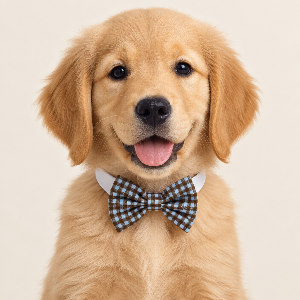 Golden retriever puppy wearing the brown and pale-blue checked bowtie