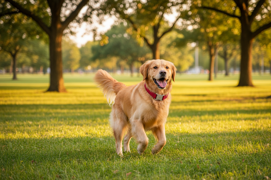 Happy golden retriever wearing a red pet traction dog collar in a sunny park