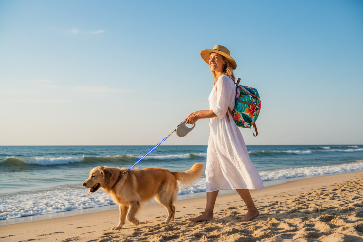 Woman at the beach carrying a microfiber beach towel backpack and holding an LED retractable dog leash with her dog beside her